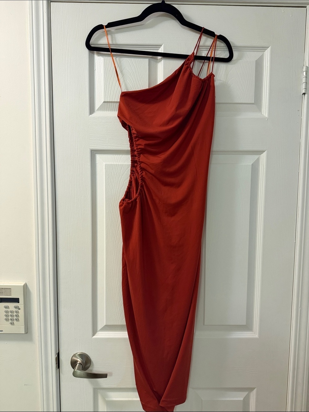 Dynamite Rust Red One-Shoulder Ruched Dress